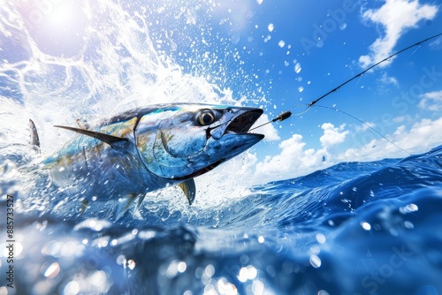 Action shot of a fish leaping out of the ocean, caught on a fishing line, with water splashing under a bright blue sky