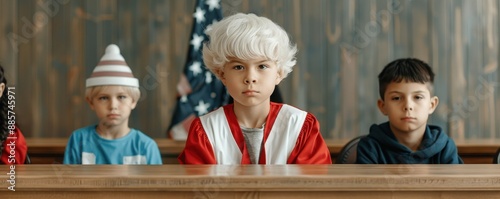 Child judge presiding over a court of storybook characters