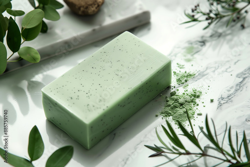 Handmade organic green soap bar, natural skincare product.