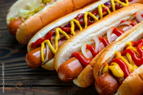 Appetizing hot dogs with mustard and ketchup on a rustic wooden surface