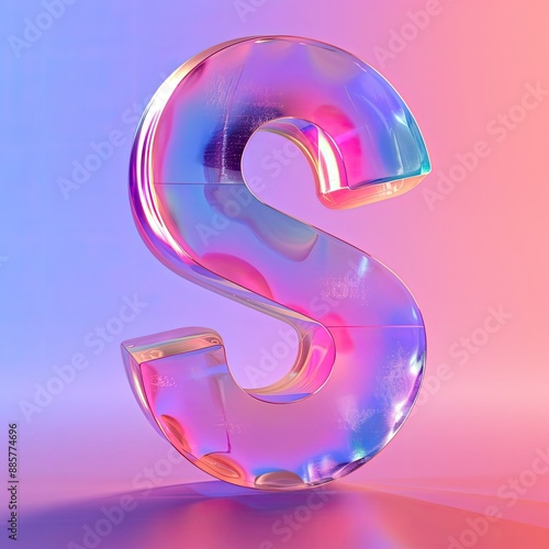 Letter S, transparent glass effect. Glossy typographic sign with plastic purple reflection. Alphabetic pink neon font. AI generated