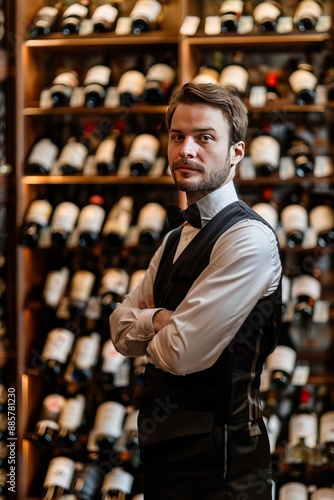 A sommelier in industry attire stands before a wine shelf, exuding expertise and passion