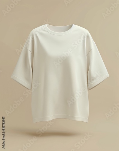 Minimalist beige oversized t-shirt on a simple beige background, showcasing minimalistic fashion style.