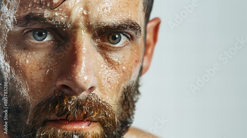 sweaty, bearded and serious man closeup portrait isolated on white, concept of gym training, workout and dedication