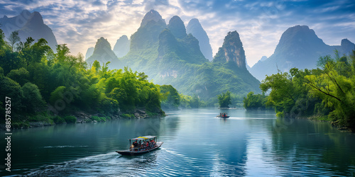 Tourists relaxing on tourist boats are passing by karst mountains on the li river, xingping, china