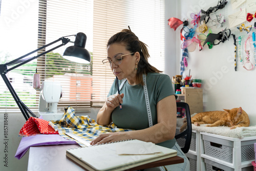 thoughtful woman draws a mold of pet clothes in a sewing room