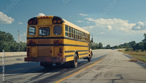 Nostalgic charm of a classic American yellow school bus on a highway bus lane