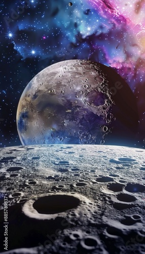 Realistic 3D render of moon's surface space, detailed textures