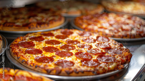 Close-up of multiple pepperoni pizzas on display, showcasing their delicious and mouth-watering appeal.