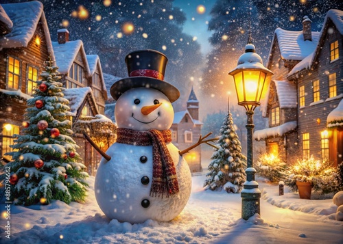 Joyful snowman with bright carrot nose and coal eyes stands amidst snow-covered buildings and twinkling streetlights in a magical winter wonderland scene.