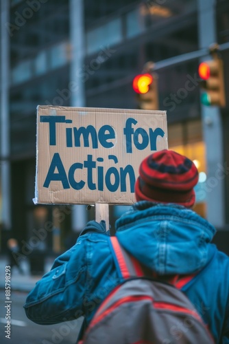 Activist at protest holds "Time for Action" sign, advocating for immediate steps pressing issues