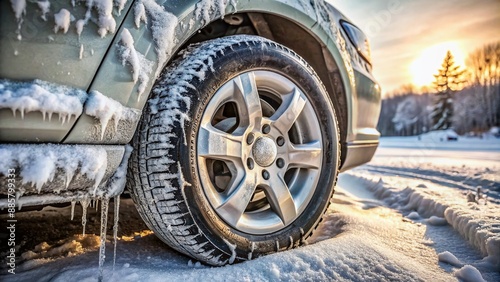 Frozen car wheel stuck to icy road, snow-covered tire rim and wheel well, showcasing harsh winter weather's grip on stranded vehicle, winter's bitter chill sets in.