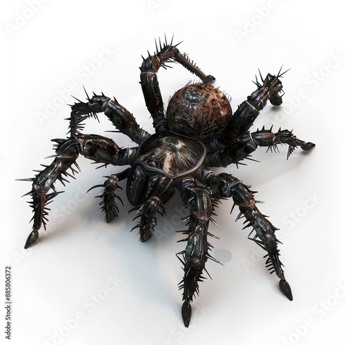 A trapdoor spider with hidden burrow and ambush technique, isolated white background, cyberpunk art style
