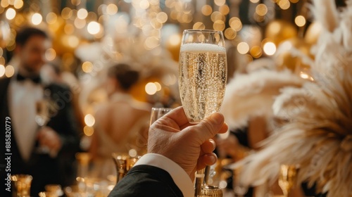 Elegant 1920s-themed party, guests in flapper dresses and tuxedos, art deco motifs and lavish decorations, capturing the opulence of the Roaring Twenties