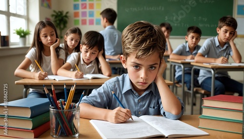 Niño con TDAH en un salón de clases, con problemas de aprendizaje y rendimiento escolar