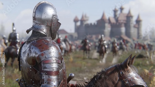 A medieval knight in shining armor on a battlefield, with a castle in the background, ready for battle or adventure.