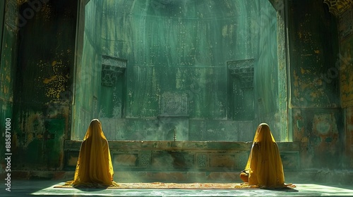 Two Figures in a Mystical Green Chamber