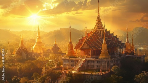 An awe-inspiring scene of a majestic temple glistening in the golden light of the sun, set against the backdrop of Thailand's picturesque landscape, capturing the essence of tranquility and