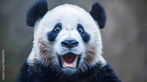 Closeup portrait of a cute and fluffy giant panda bear with a surprised amazed and impressed facial expression on a random studio background