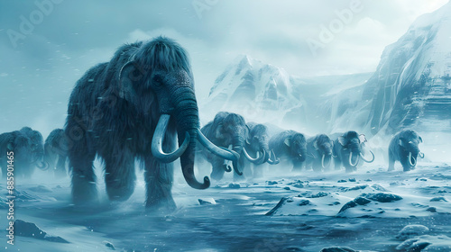 Majestic herd of woolly mammoths traversing the frozen snow covered tundra landscape of the ice age surrounded by towering cliffs rocky peaks and a moody dramatic atmosphere