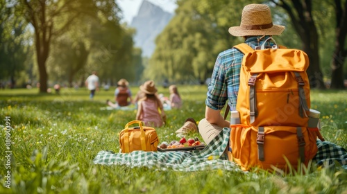 Family with backpacks and picnic gear enjoying a day out in a park, creating cherished travel memories, with copy space for text