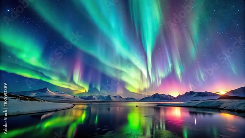 Aurora Borealis shining brightly in the night sky, Northern lights, colorful, vibrant, celestial, natural phenomenon