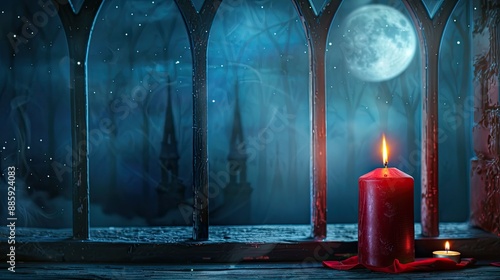 Red candle burning in front of Gothic arched windows with moonlight streaming in