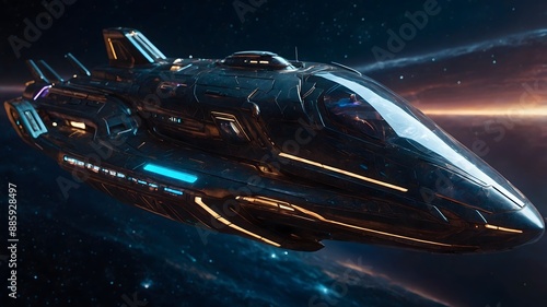 A shimmering quantum cruiser reminiscent of a futuristic space-age vessel, pulsating with ethereal energy and sleek lines that evoke a sense of velocity and mystery. This stunning image 