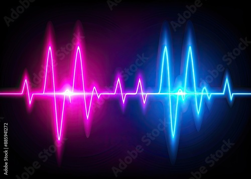 Colorful abstract graphic illustration of a heartbeat movement in vibrant electric blue and pink hues, pulsing with dynamic energy and rhythm on a black background.