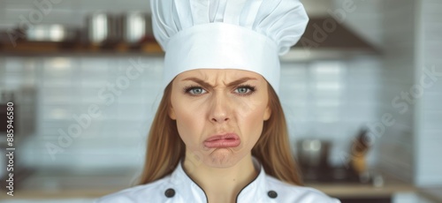 Displeased chef in white uniform