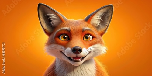 A sly, anthropomorphic cartoon fox with a cunning grin and bright, inquisitive eyes peers out from a vibrant, solid orange background, exuding playful mischief.