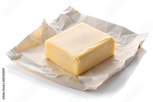 Piece of butter on package paper isolated on white background.