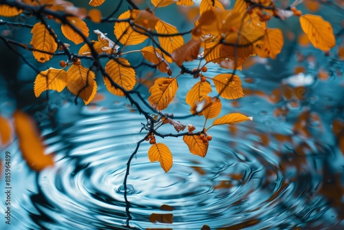 Branch with yellow autumn leaves reflected in blue water creating ripples