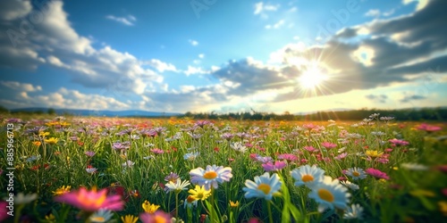 A breathtaking flower field under a sunny sky, featuring a colorful array of blooms. Ideal for nature backgrounds and springtime themes.