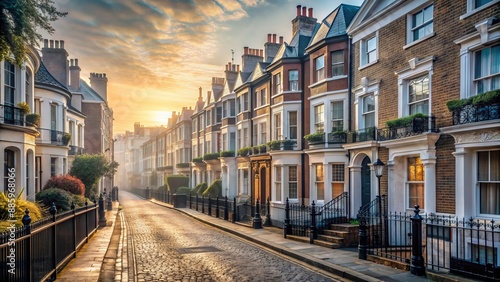 Narrow cobblestone street lined with identical row of small, ornate, brick-built, 19th-century Victorian terraced houses with chimneys and bay windows.