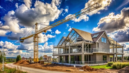 Massive steel cranes tower above an uncompleted suburban house with blue sky and fluffy white clouds in the background.