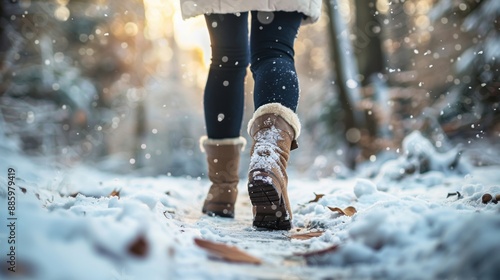 A person wearing winter boots walks through a snowy forest path, with snowflakes falling around them.