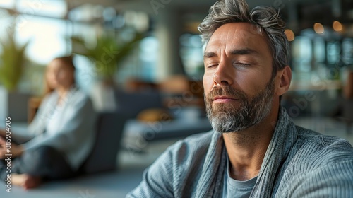 Serene man with closed eyes meditating in a modern interior space, highlighting relaxation in contemporary lifestyle.