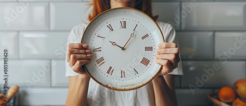 Woman holding a vintage clock in a modern kitchen, highlighting the blend of old and new elements with Roman numerals and white tiles.