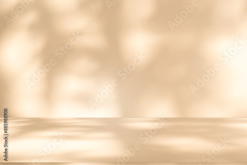 Studio style background wall decoration presentation uses white and beige tones. with shadows cast from a nearby window, concept creating a decorative backdrop.