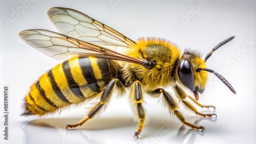 Yellow and black striped insect with furry body and transparent wings standing on a white studio background alone.