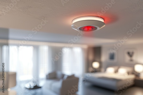 The home safety gadget placed in the hotel room ceiling includes a smoke detector, fire alarm, and water heater.