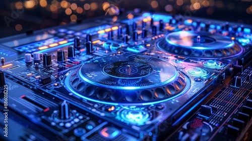 Close-up of a DJ mixer with glowing blue lights.