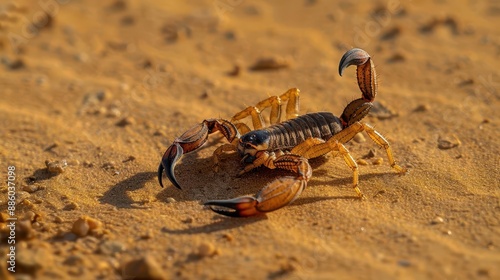 Scorpions in the Sand A closeup of a scorpion camouflaged in the sand, highlighting its unique adaptations to desert life