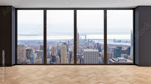 Panoramic view of city skyline from modern high-rise floor-to-ceiling windows, highlighting urban architecture and spacious living area.