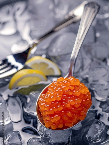 red salmon caviar in the metal spoon