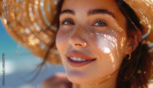 Woman with dewy skin applying sunscreen