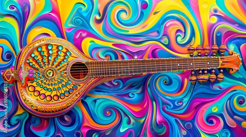 A sitar placed on a background with psychedelic swirls and vibrant, modern colors