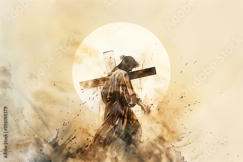 Jesus Christ carrying cross with empty sun circle behind him. Minimalist watercolor painting of Jesus with brown robe on neutral background. High-resolution image with ethereal atmosphere.