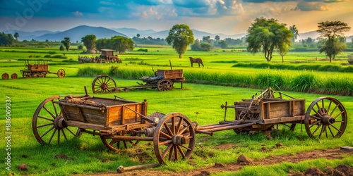 Rural landscape of lush green fields, rusty farm tools, and worn-out carts, conveying the essence of hardworking Indian farmers and laborers in absence.